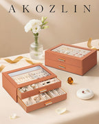 AKOZLIN Jewelry Box with Clear Lid Functional Leather Jewelry Storage Organizer Case 2 Drawers for Women Girls Necklace Ring 