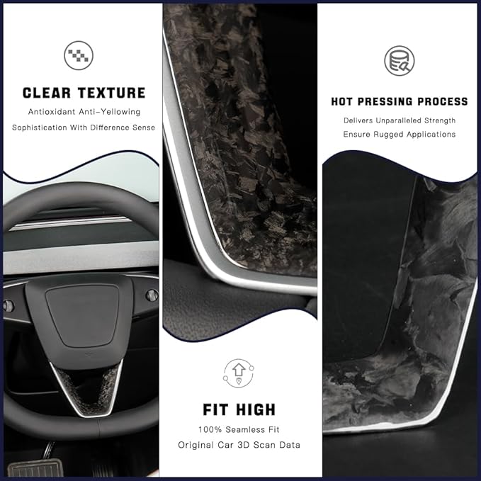 JSWAN Carbon Fiber Steering Wheel Panel Cover Fit fo Tesla Refreshed Model 3 Highland Performance (2024+) Model Y Juniper (2025+) Steering Wheel Frame Trim Cover (Forging)