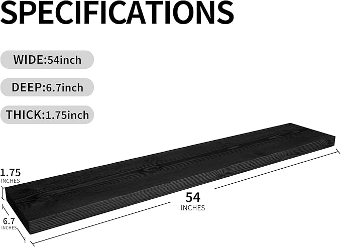 BGMG Wood Floating Shelves for Wall 54 inch Set of 2,Black Floating Shelves,Solid Wood Wall Mount Shelves for Bathroom Living