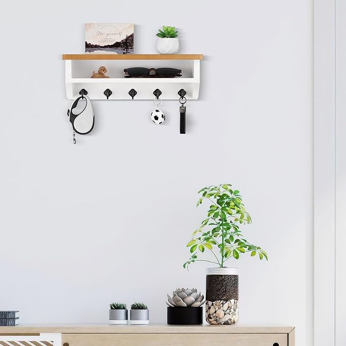 Nekon Key Holder Wall Mount, Wall Organizer Shelf with 5 Key Hooks, Room Decor for Home and Apartment Essentials, Wood and Wh