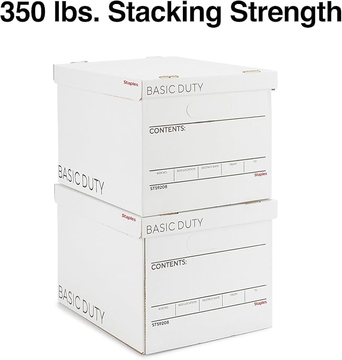 STAPLES Corrugated File Box Lift Off Lid, Letter/Legal Size, White/Black, 10/Pack