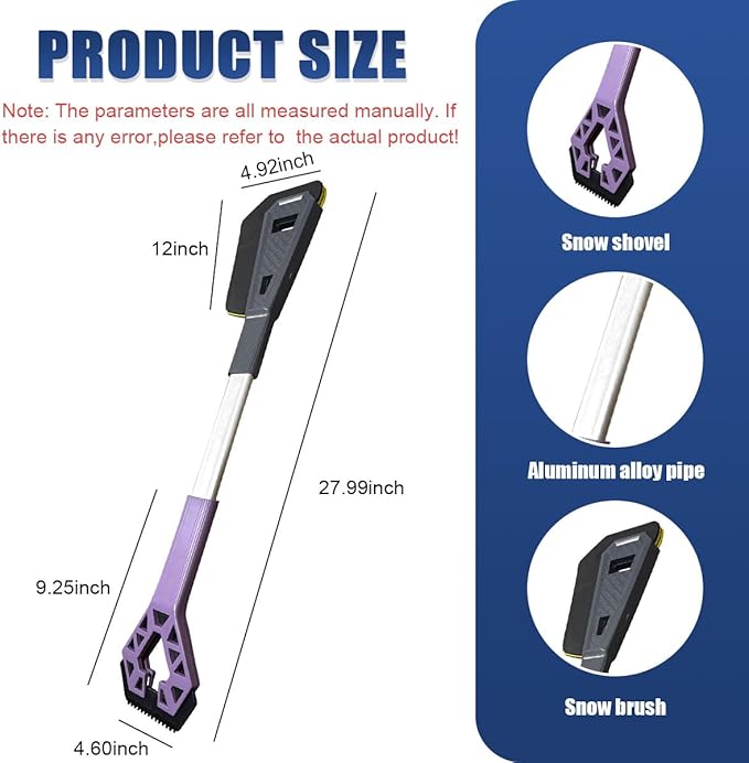 3 in 1 Snow Brush and Ice Scrapers for Car Windshield, 28" No-Scratch Automotive Window Cleaning Scraper with Ergonomic Grip, Detachable Winter Snow Removal Tool for Most Sedans(Purple)