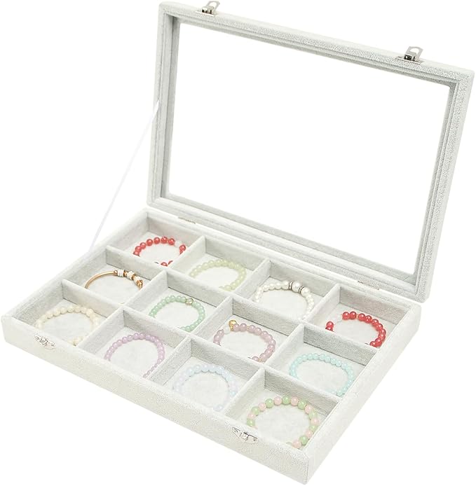 Coward Jewelry Organizer Tray Box, Grey Beige Velvet 12 Grids Bracelet Bangle Necklace Jewelry Display Tray Case with Transpa