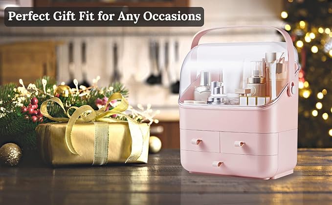 LINFIDITE Cosmetic Storage Box with Lid Waterproof&Dustproof Makeup Organizer Box Portable Handle,Large Makeup Display Case w