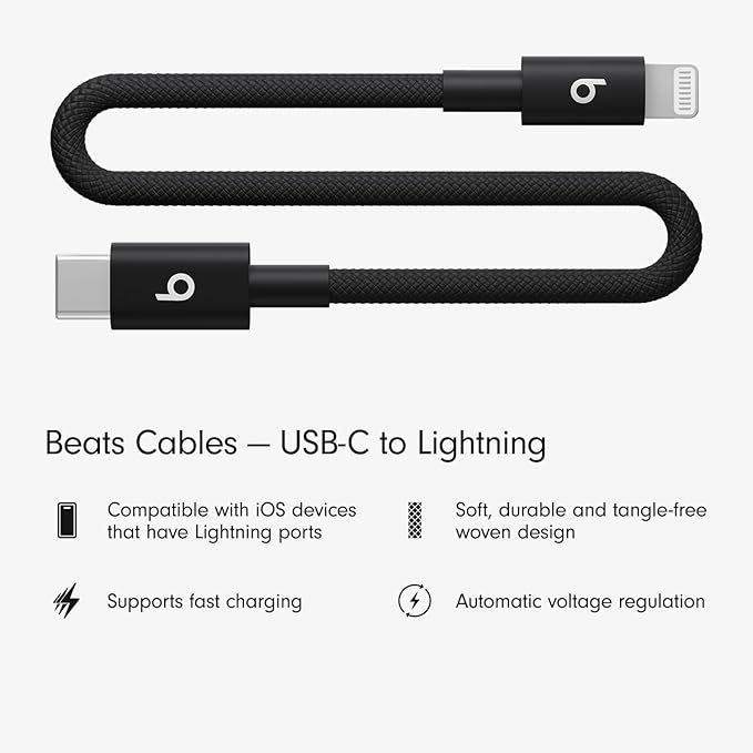 Beats USB-C to Lightning Woven Short Cable Fast Charging Durable/Tangle-Free Compatible Charger for Apple Devices w Lightning
