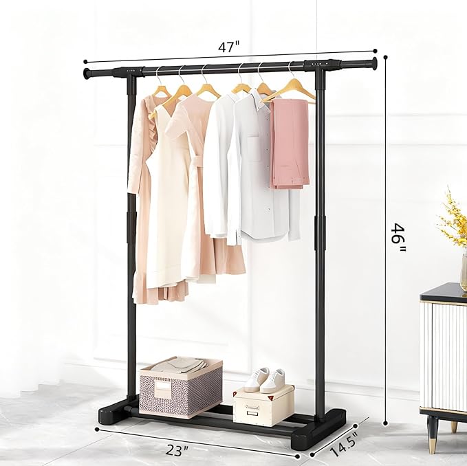 Clothes Rack for Hanging Clothes, Metal Portable Garment Rack with Bottom Storage Shelf, Metal Portable Wardrobe Rack for Coa