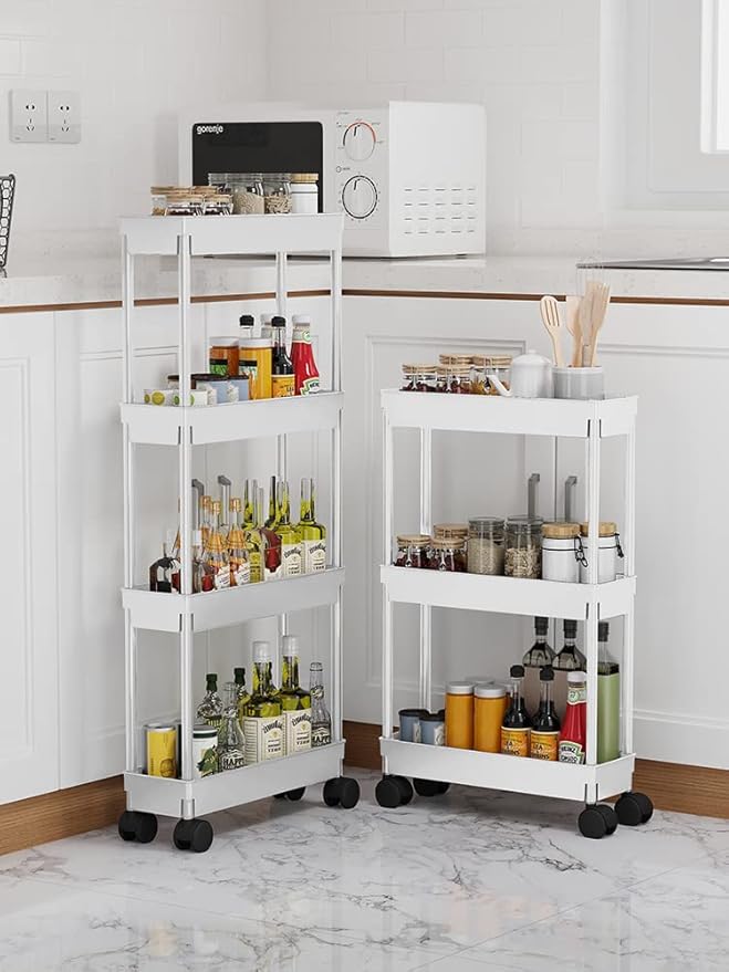 Sooyee 4 Tier Slim Storage Cart Mobile Shelving Unit Organizer Slide Out Storage Rolling Utility Cart Tower Rack for Kitchen 