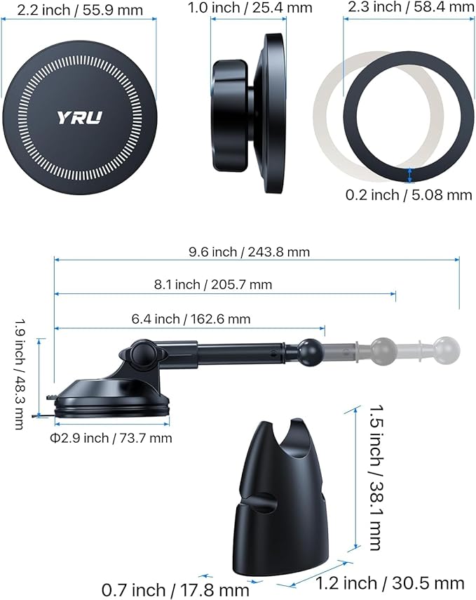 YRU Upgraded Magnetic Phone Holder Car【Patented & Super Magnet】 for MagSafe Mount Dashboard Windshield Vent Magnet Phone Cradle Stand for iPhone 17 16 15 14 13 12 Pro Max Samsung Truck, Black