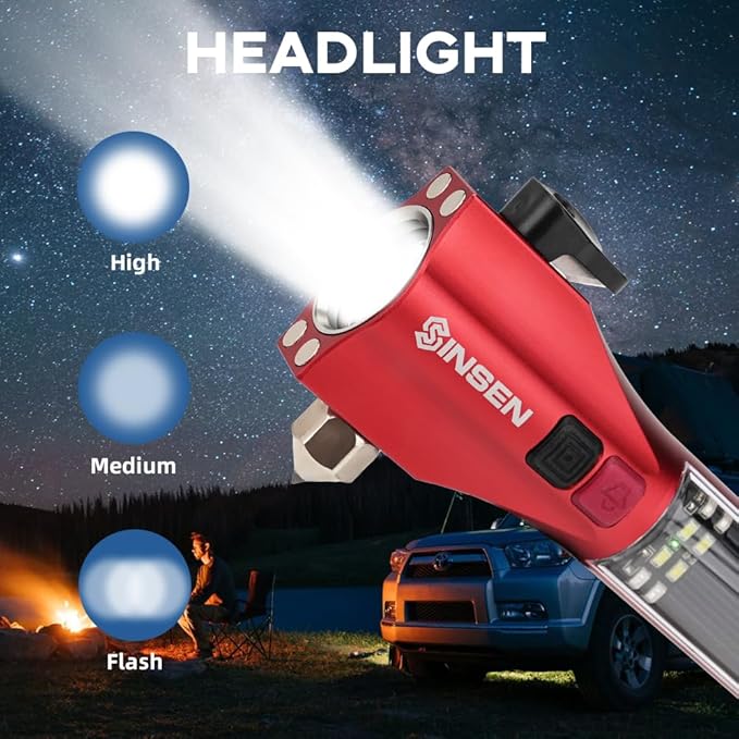 SINSEN Emergency Flashlight for Car, Seatbelt Cutter Window Breaker, 16-in-1 Multifunctional Safety Tool—Glass Hammer/Bright 