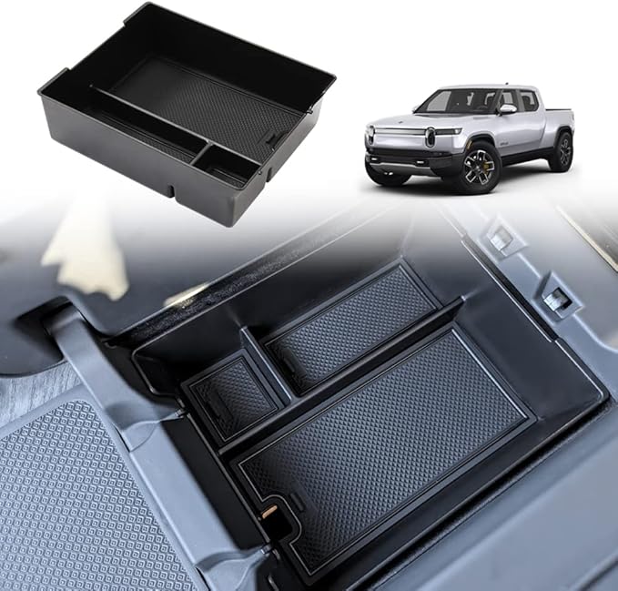 BestEvMod for Rivian R1T & R1S Accessories Center Console Organizer Tray Armrest Storage Box ABS Material with PVC Trim Compatible with Rivian R1T/R1S 2022-2025 2026 Accessories(W/O Coin.Black)