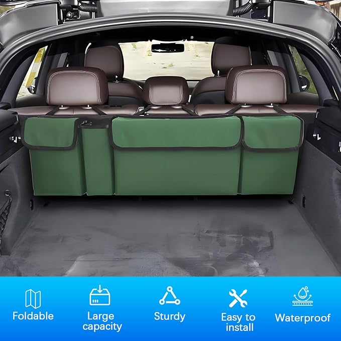 Car Trunk Organizer with Lid, Large Waterproof Vehicle Backseat Hanging Storage Bag with 4 Pockets & Adjustable Straps, Colla