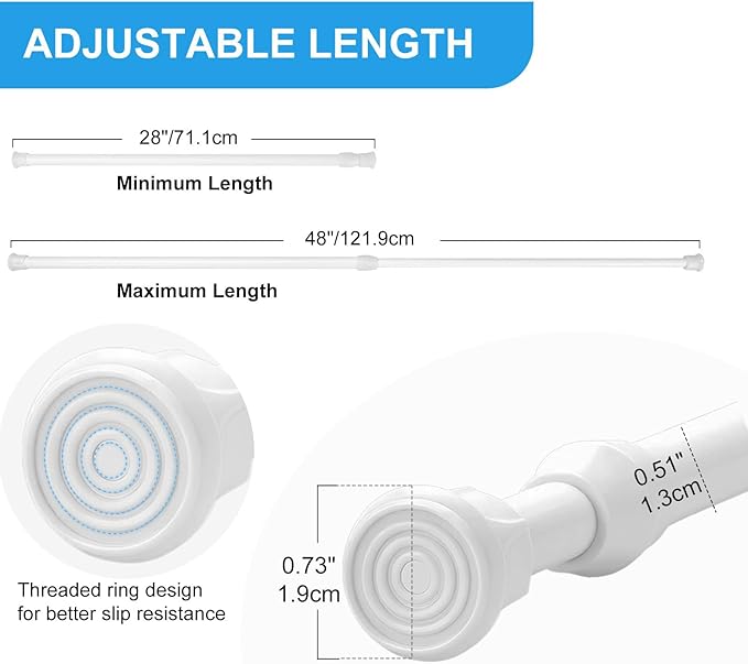 2 Pack Tension Curtain Rod 28-48 Inch, Small Short Adjustable Extendable Spring Loaded Rods for Windows Cabinet Blinds Closet