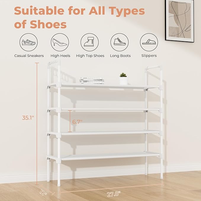 LANTEFUL 4 Tier Shoe Rack for Closet Shoe Organizer with 5 Hooks, Long Shoe Shelf Storage for Shoe and Boot Stackable Free St