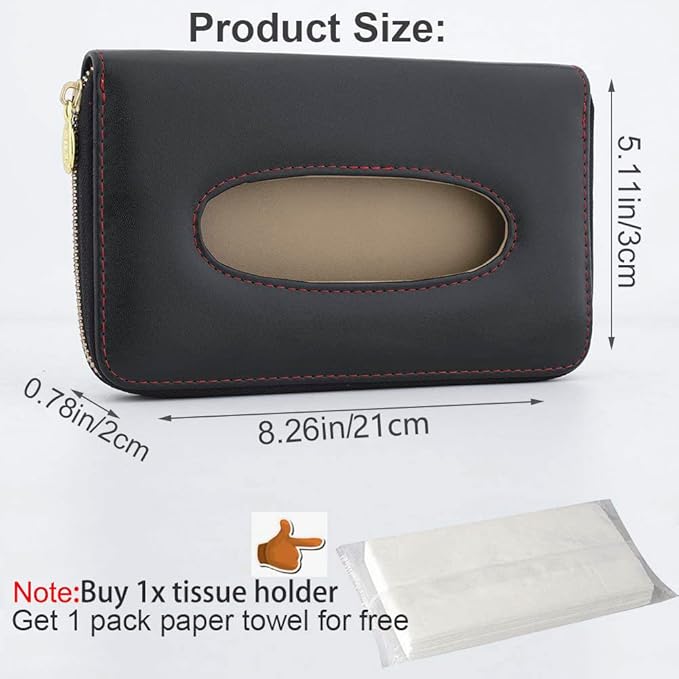 Car Tissue Holder, Sun Visor Tissue Holder, Car Visor Napkin Holder, PU Leather Backseat Tissue Case Holder for Car Vehicle with Zipper (Black)
