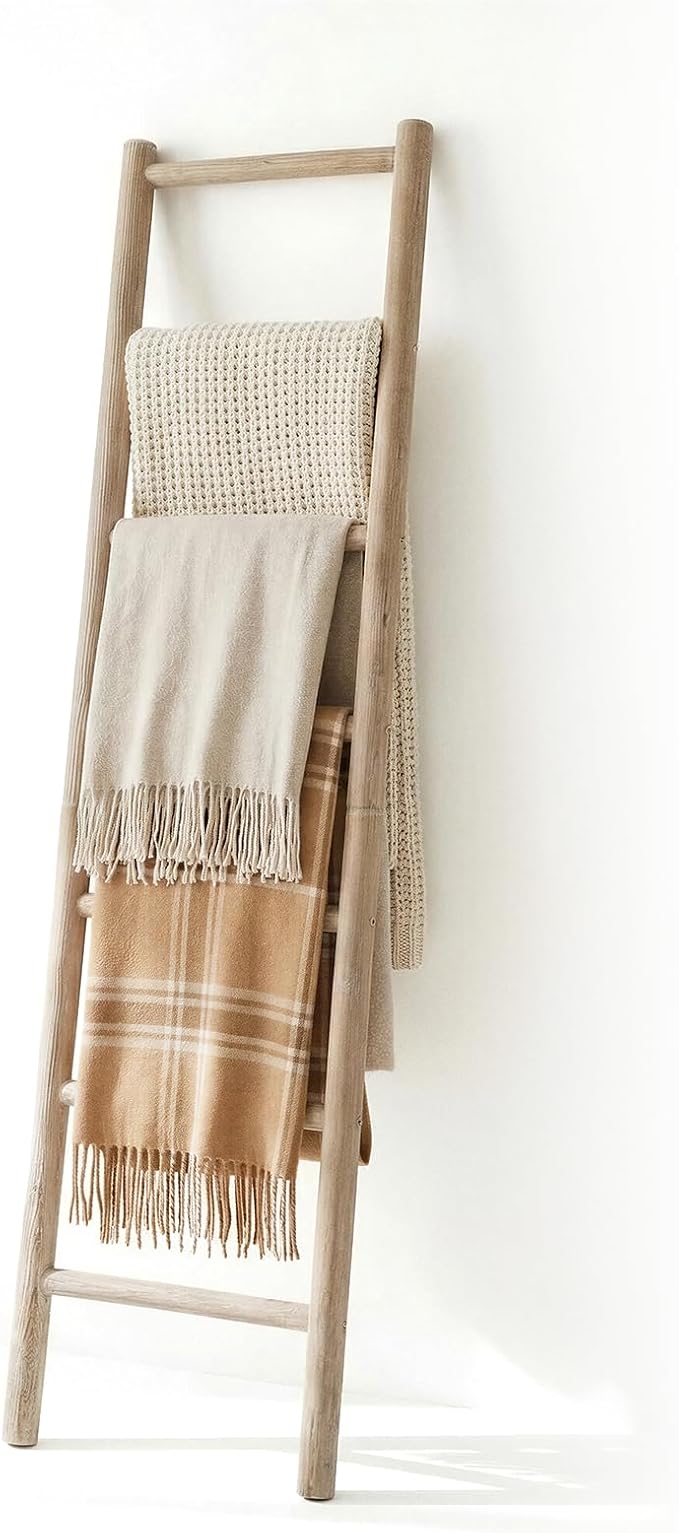 Wooden Blanket Ladder - 76in(7-Rung) Natural Wood Color- Leaning Wall Decor for Bedroom, Bathroom, Living Room - Rustic Quilt