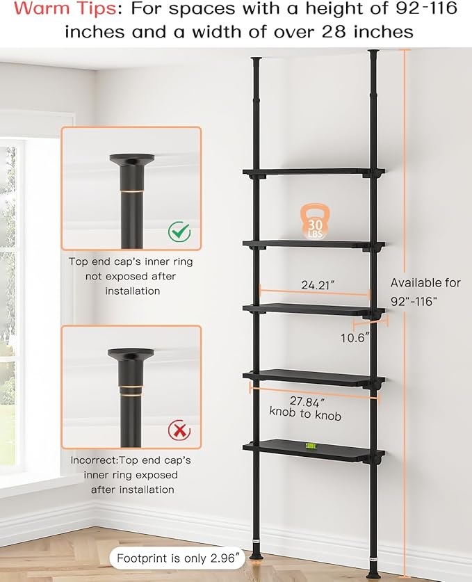 ALLZONE 5 Tiers Narrow Bookshelf, Tall Adjustable Ladder Book Shelf with Open Storage, Floor to Ceiling Tension Mount, Wooden