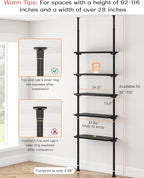 ALLZONE 5 Tiers Narrow Bookshelf, Tall Adjustable Ladder Book Shelf with Open Storage, Floor to Ceiling Tension Mount, Wooden