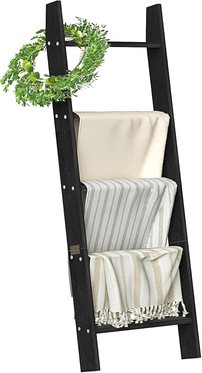 HONEST OUTFITTERS Blanket Ladders for The Living Room, 5-Tier Blanket Holder, Wall-Leaning Blanket Rack, Ladder Shelves, Wood