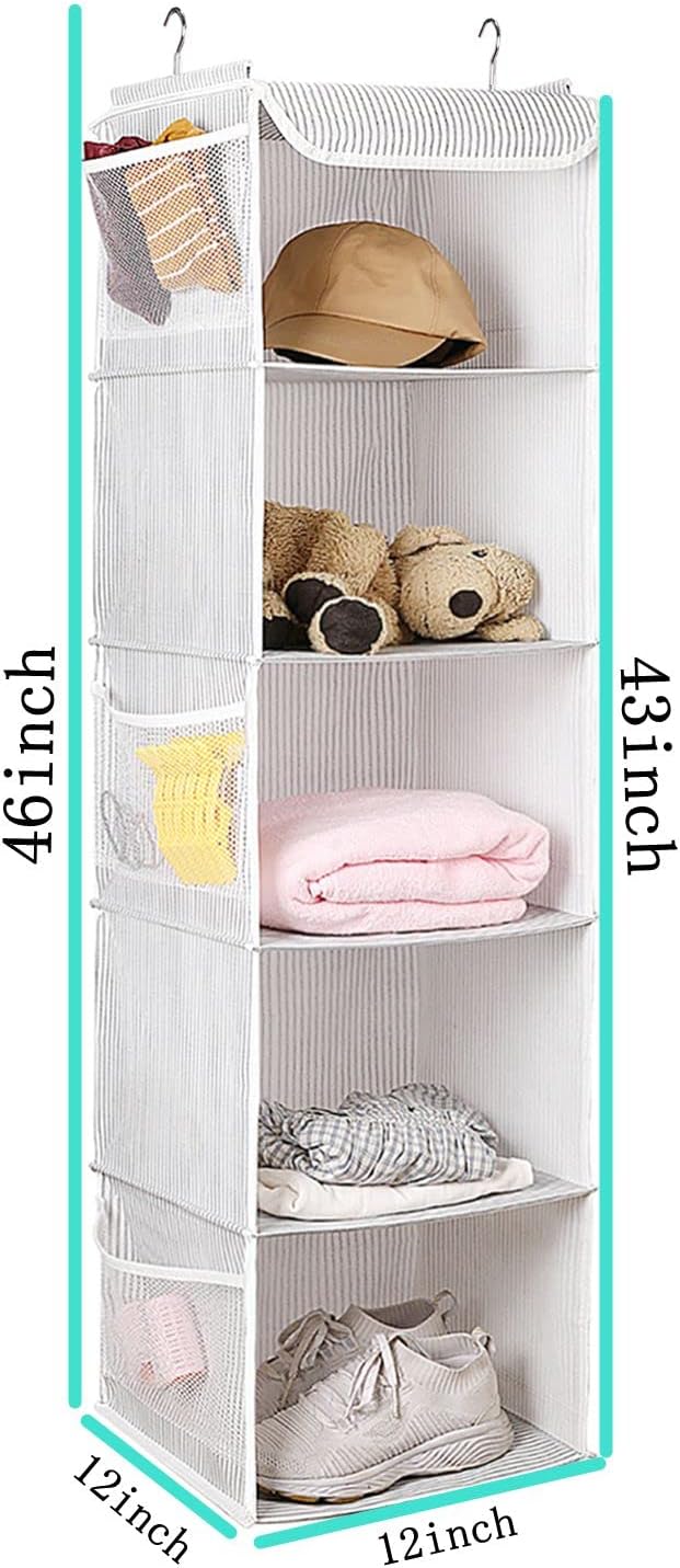 BrilliantJo 5 Shelves Hanging Closet Organizer, 2 Pack Hanging Storage with 6 Side Pockets for Clothes Shoes, 43"x12"x12"(Str