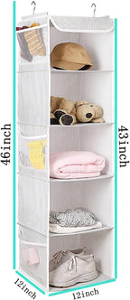 BrilliantJo 5 Shelves Hanging Closet Organizer, 2 Pack Hanging Storage with 6 Side Pockets for Clothes Shoes, 43"x12"x12"(Str