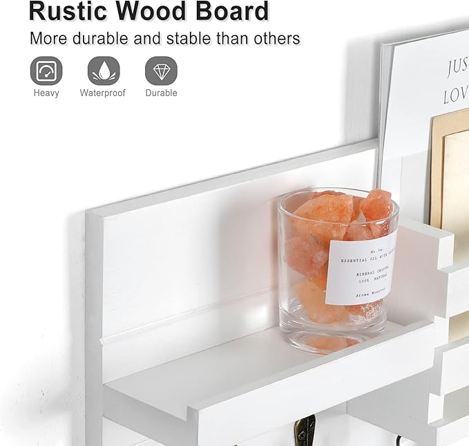 Lwenki Mail Organizer for Wall Mount – Key Holder with Shelf Includes Letter Holder and Hooks for Coats, Dog Leashes – Rustic