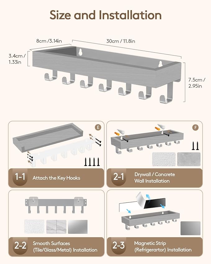 Key Holder Wall Mount Adhesive Magnetic - Hanging Key Hooks with Mail Organizer Tray for Wallet House Accessories - Keys Rack