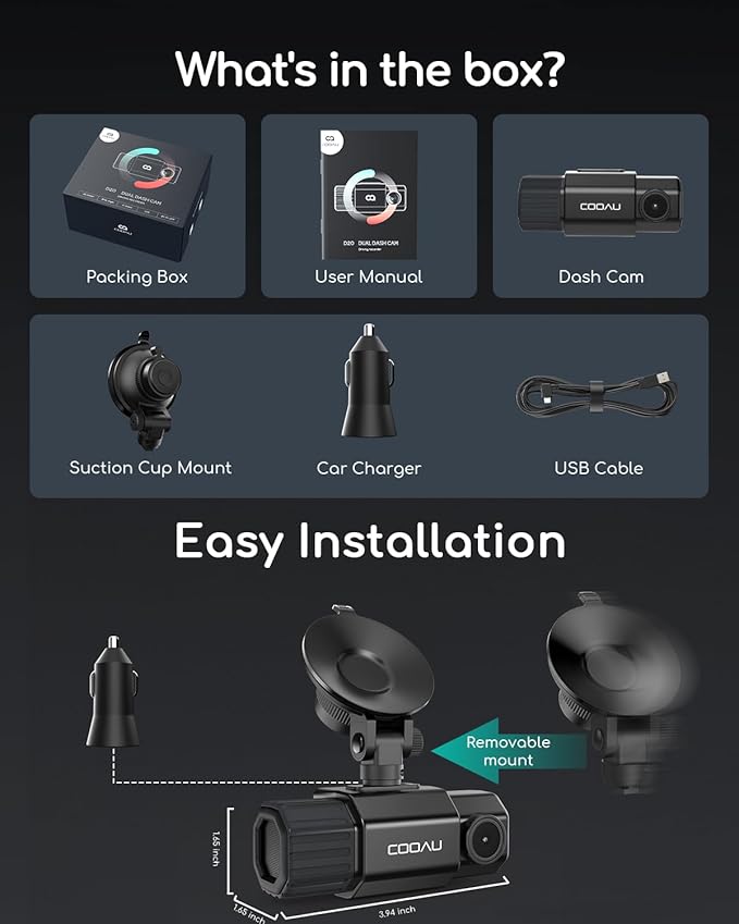 COOAU Dual Dash Cam 2.5K+1080P, Dash Cam Front and Inside, Built-in GPS and WI-FI, Dash Camera for Cars, Perfect for Uber and
