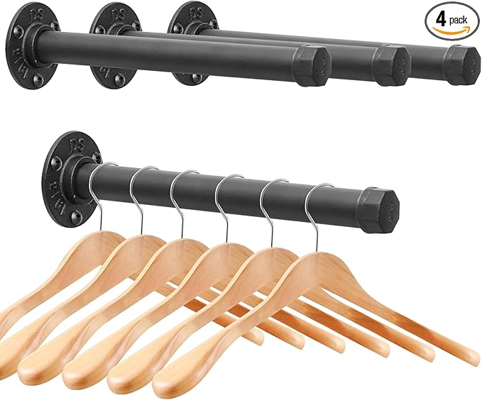 Cast Iron Wall Mounted Clothes Rack, Heavy Duty Industrial Pipe Clothing Rack for Hanging Clothes, Garment Racks for Wardrobe