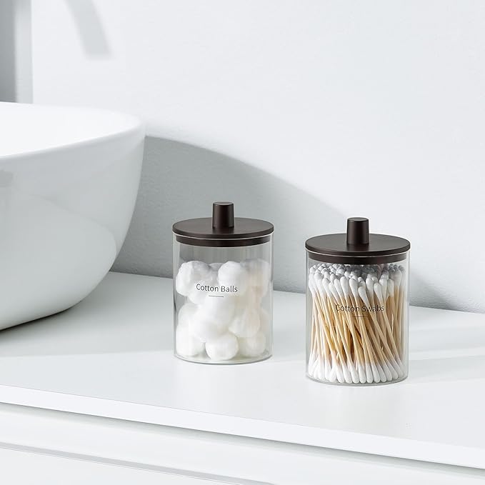 TIPGO Glass Qtip Holder Dispenser for Bathroom - 10 oz Clear Canister Apothecary Jar for Cotton Swabs, Balls, Pads, Floss Pic