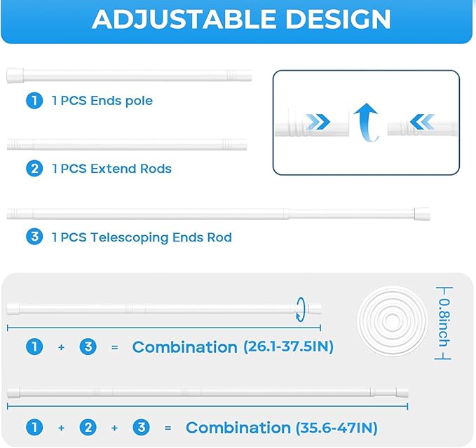4PCS Small Tension Curtain Rod 27 to 46 Inch,White Short Curtain Rods No Drilling,Loaded Expandable Spring Curtain Rods for W