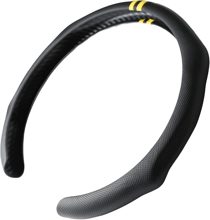 Quick Install Sporty Perforated Nappa Leather Steering Wheel Cover with Yellow Stripes Universal fit 14½" to 15" Car SUV Pick