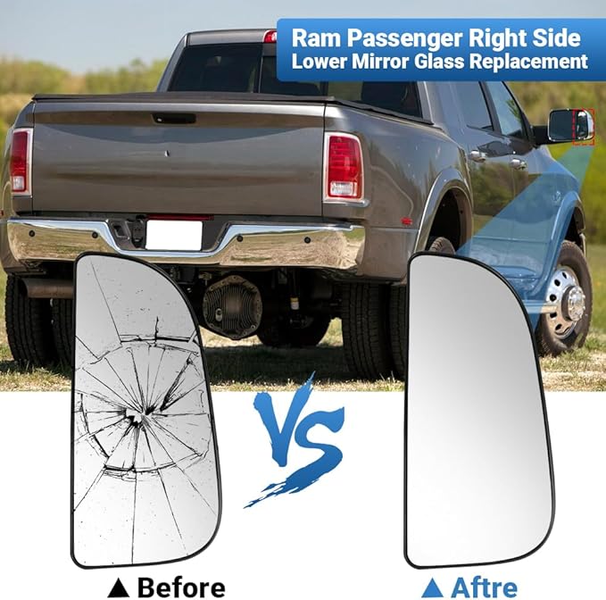 Passenger Right Side Lower Mirror Glass Replacement，For 2010-2020 Dodge Ram 1500 2500 3500 4500 5500 Towing Model, 68067730AA，Right Pass Convex Lower Mirror Glass， with Bracket