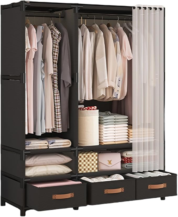 Portable Closet,Portable Closets for Hanging Clothes,Japanese Style Wardrobe Clothing Rack with 3 Drawers,1 Hanging Rods and 