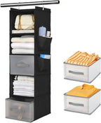 5-layer suspended fabric shelf organizer, equipped with 2 sturdy hooks, 2 separate drawers, and foldable hanging storage (bla