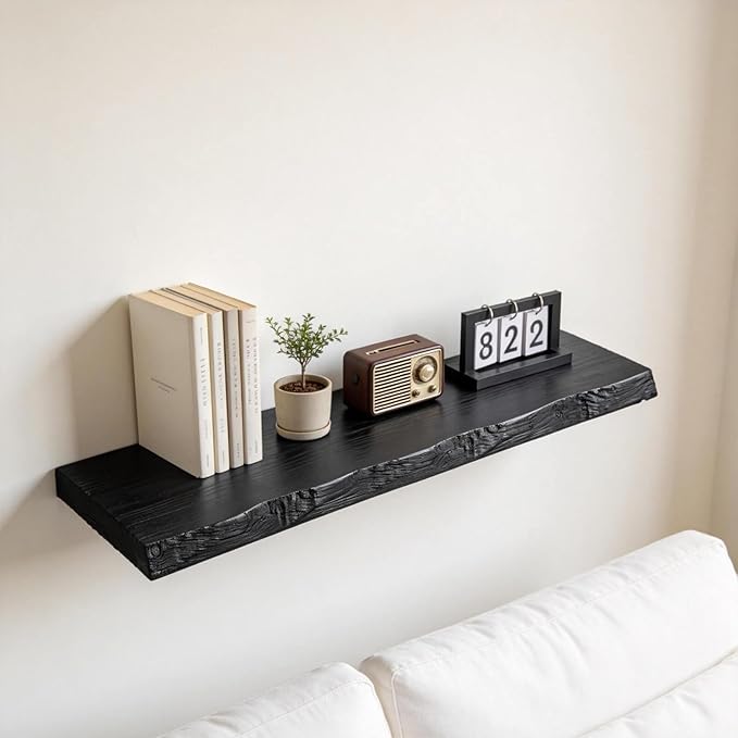 Solid Elm Wood Live Edge Floating Shelves, 48 Inch Black Rustic Wall Shelves with Hidden Heavy-Duty Brackets, Wall Mounted St