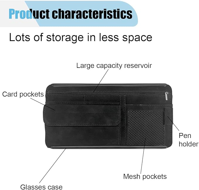 Suede Car Sun Visor Organizer with Multi-Pocket Net Zipper, Glasses Case, Sunglass Holder for Interior Accessories (Black)