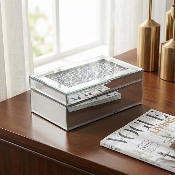 QMDECOR Luxury Silver Crushed Diamond Glass Mirrored Jewelry Organizer Box Storage