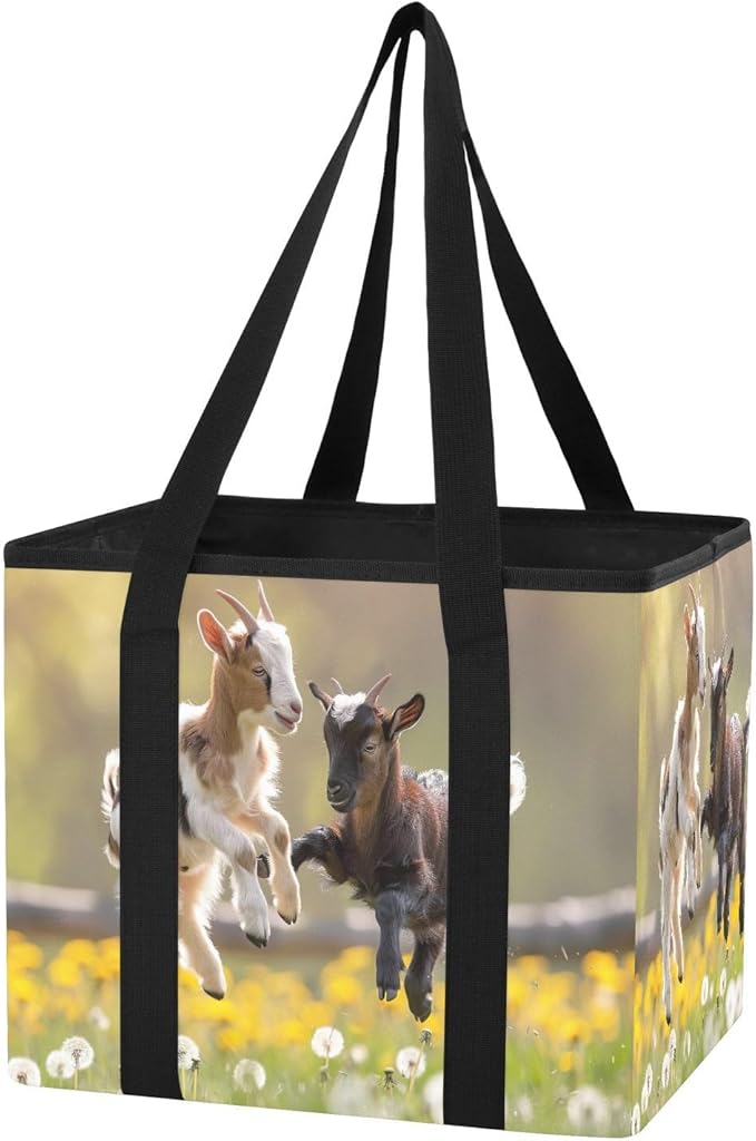 Playful Goats Pattern Reusable Grocery Bags Large Shopping Tote Bag with Reinforced Bottom Board, Water Resistant Foldable St