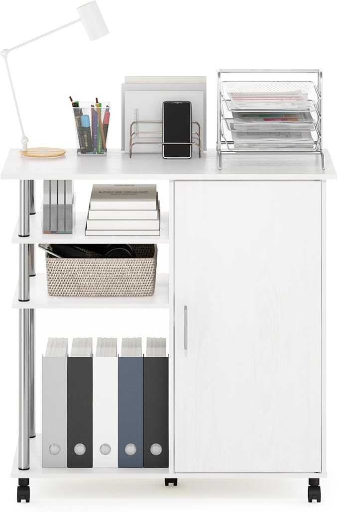 Furinno Helena Multipurpose Storage Cabinet/Shelves,Printer Stand with Lockable Wheels, Stainless Steel Tubes, White Oak/Chro