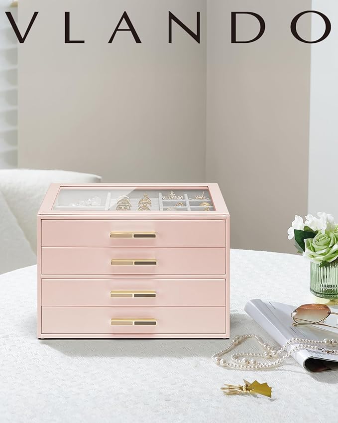 Vlando 4 Layer Jewelry Box for Women, Glass Lid Jewelry Organizer with 4 Drawers for Necklaces Rings Earrings Bracelets - Dar