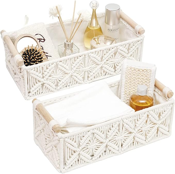 HOSROOME Macrame Storage Basket Boho Decor Baskets for Organizing Woven Decorative for Countertop Toilet Paper Basket for Tan