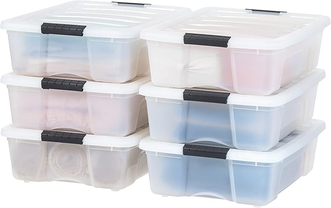 IRIS USA 27 Qt Stackable Plastic Storage Bins with Lids, 6 Pack - BPA-Free, Made in USA - Discreet Organizing Solution, Latch