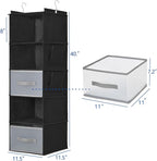 5-layer suspended fabric shelf organizer, equipped with 2 sturdy hooks, 2 separate drawers, and foldable hanging storage (bla