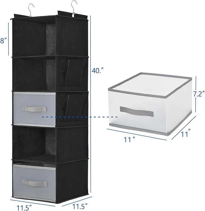 5-layer suspended fabric shelf organizer, equipped with 2 sturdy hooks, 2 separate drawers, and foldable hanging storage (bla