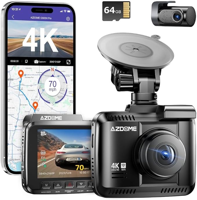 AZDOME GS63H Pro 2CH Dash Cam 4K with Super Night Vision & ADAS 24H Parking Mode - 4K Dual Dash Cam - Built-in WiFi - GPS Tra