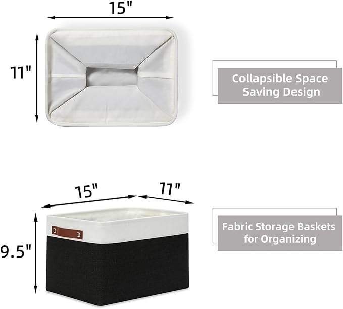 HNZIGE Large Storage Baskets (3 Pack) - Fabric Bins with Leather Handles, Foldable for Organizing Clothes, Toys (Black & Whit