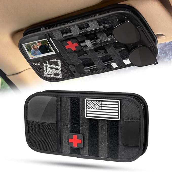 Molle Car Sun Visor Organizer - Tactical Storage Panel with 180° Zipper Pouch & Magnetic Glasses Clip & Photo Holder & Semi-Rigid Molle Panel for Military Gear (1, Black)