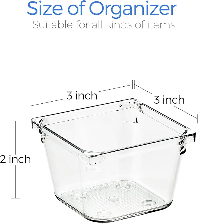 Ravinte 6 Pack Drawer Organizer - 3" X 3" Plastic Storage Bins, Acrylic Organizers with Non-Slip Pads Clear Desk Storage Tray