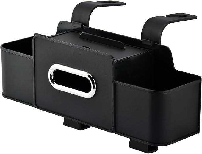 4-in-1 Back Seat Car Organizer with Extra Large Capacity, 2 Cup Holders, Tissue Box Dispenser & Storage Hook for Phone, Snacks, Toys(Black)