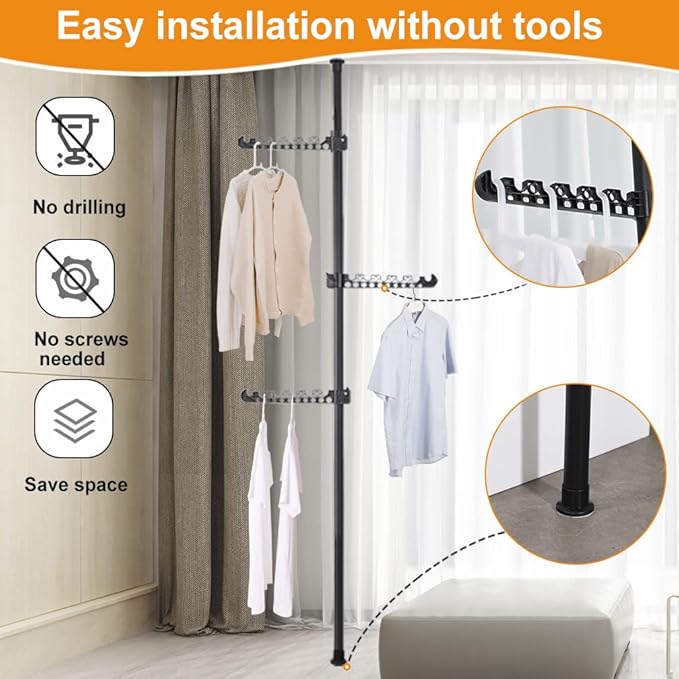 Hershii Telescopic Clothing Rack for Hanging Clothes Laundry Tension Pole 4 Tiers Coat Tree Garment Drying Stand Floor to Cei
